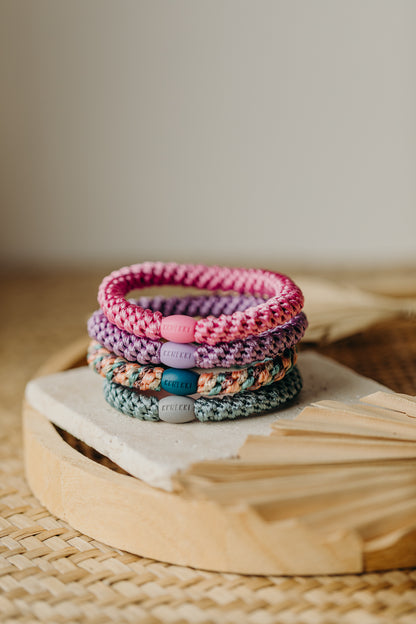 KKNEKKI Haargummi Set 048: 4 Haargummis im Set Aqua, Lavendel, Bubble Gum und Mix Plum Faded Green Glitter
