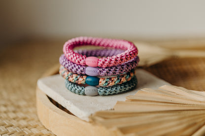 KKNEKKI Haargummi Set 048: 4 Haargummis im Set Aqua, Lavendel, Bubble Gum und Mix Plum Faded Green Glitter
