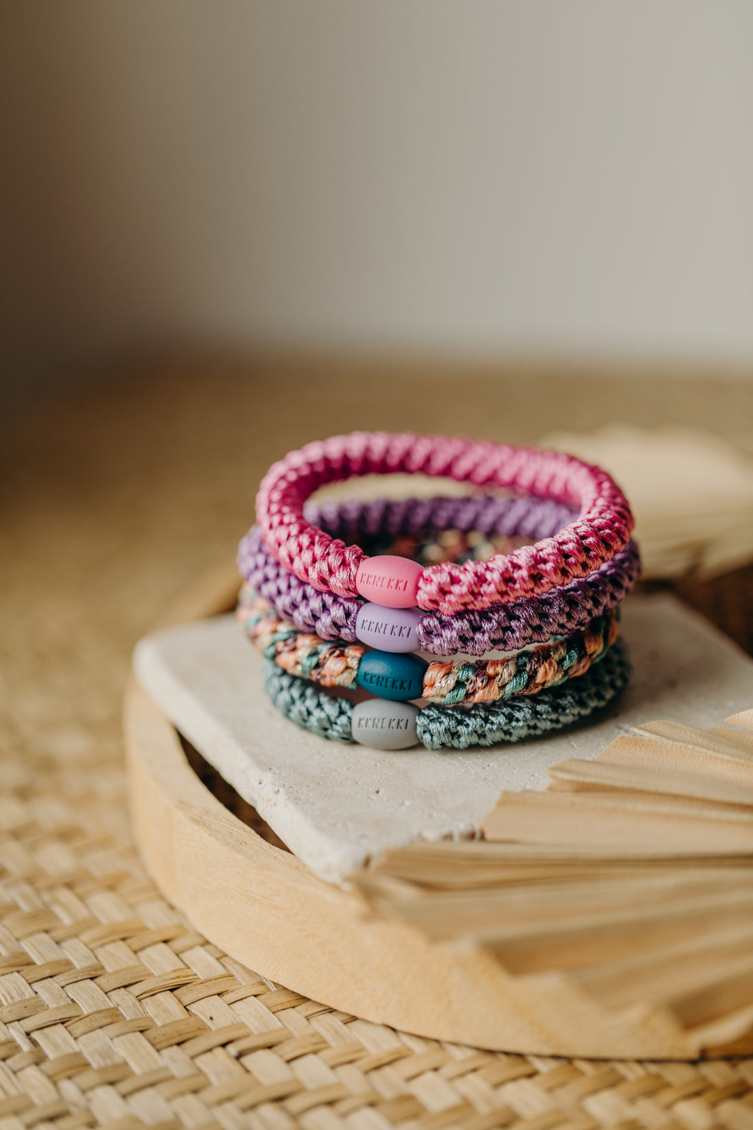 KKNEKKI Haargummi Set 048: 4 Haargummis im Set Aqua, Lavendel, Bubble Gum und Mix Plum Faded Green Glitter