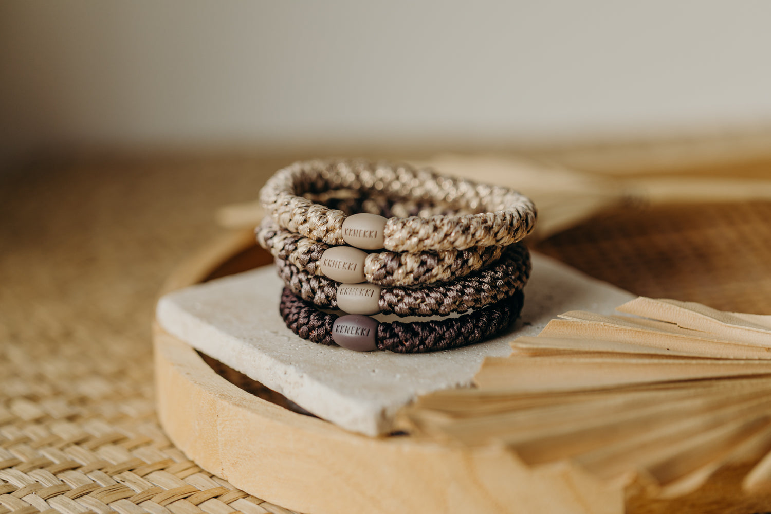 KKNEKKI Haargummi Set 052: 4 Haargummis im Set Beige Glitter, Mole Beige, Mole und Braun