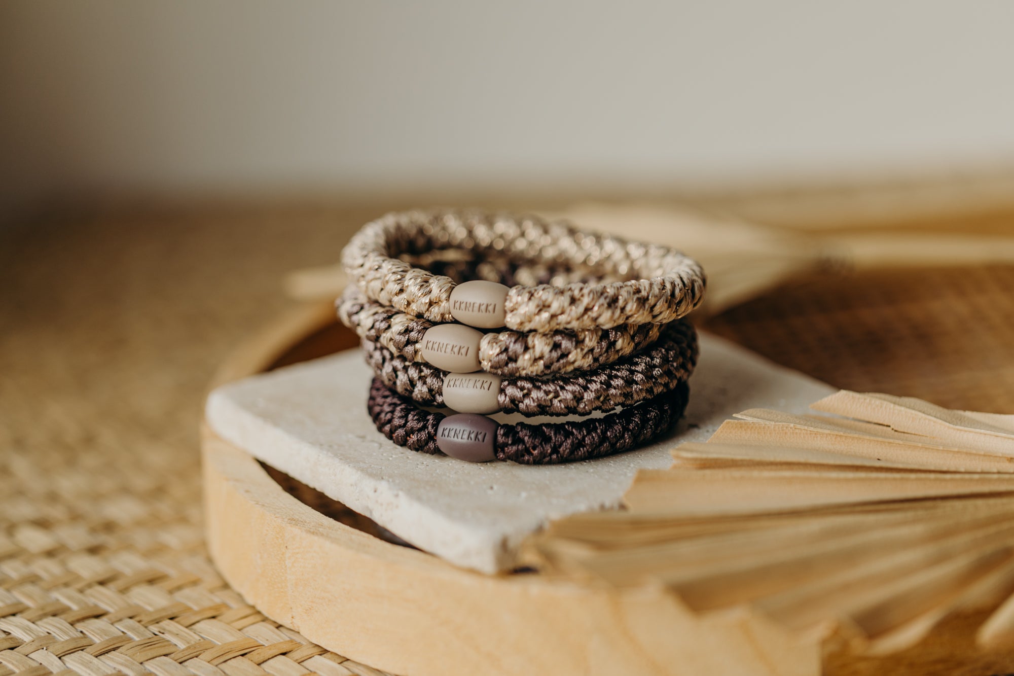 KKNEKKI Haargummi Set 052: 4 Haargummis im Set Beige Glitter, Mole Beige, Mole und Braun