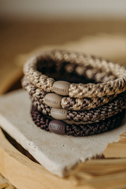 KKNEKKI Haargummi Set 052: 4 Haargummis im Set Beige Glitter, Mole Beige, Mole und Braun