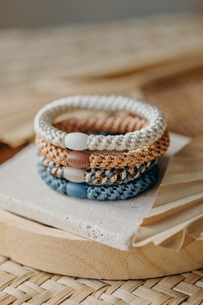 KKNEKKI Haargummi Set 075: 4 Haargummis im Set Ivory, Nougat, Dusty Blue und MIx Copper Glitter