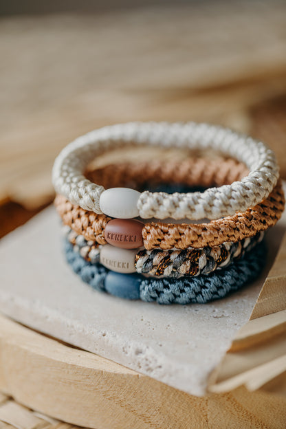 KKNEKKI Haargummi Set 075: 4 Haargummis im Set Ivory, Nougat, Dusty Blue und MIx Copper Glitter