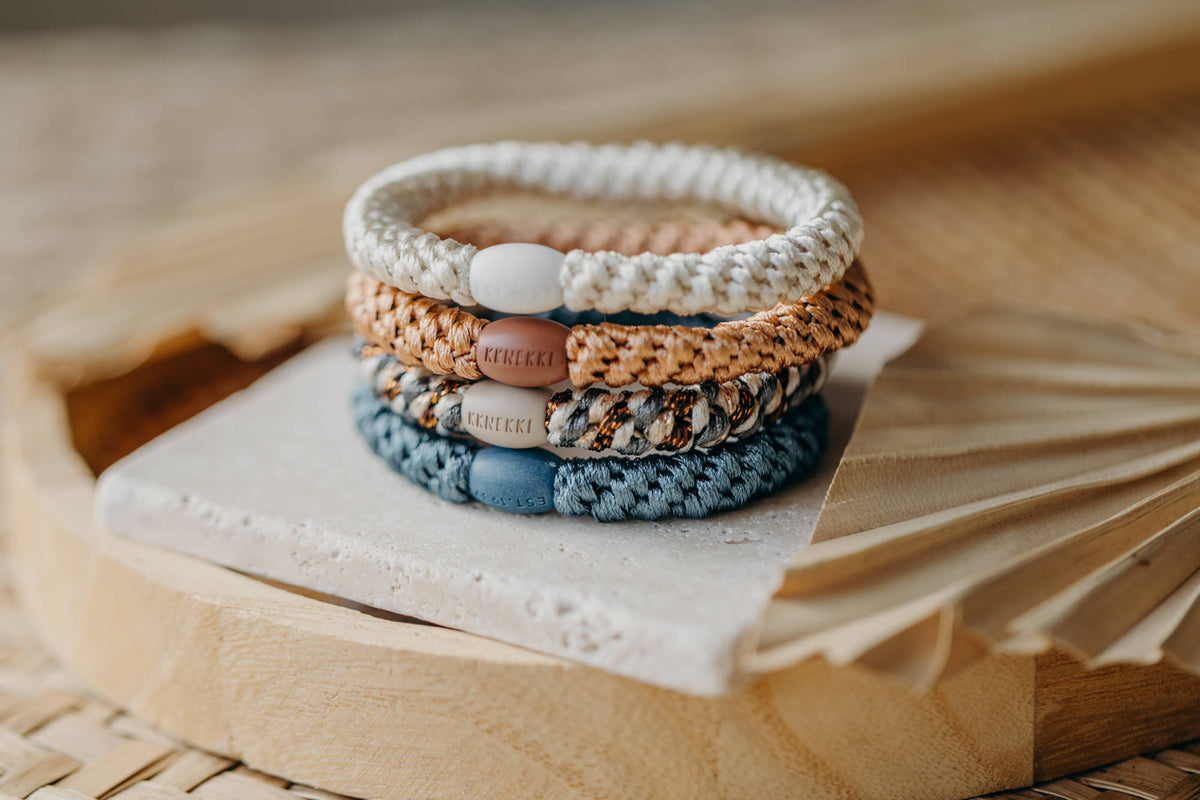 KKNEKKI Haargummi Set 075: 4 Haargummis im Set Ivory, Nougat, Dusty Blue und MIx Copper Glitter
