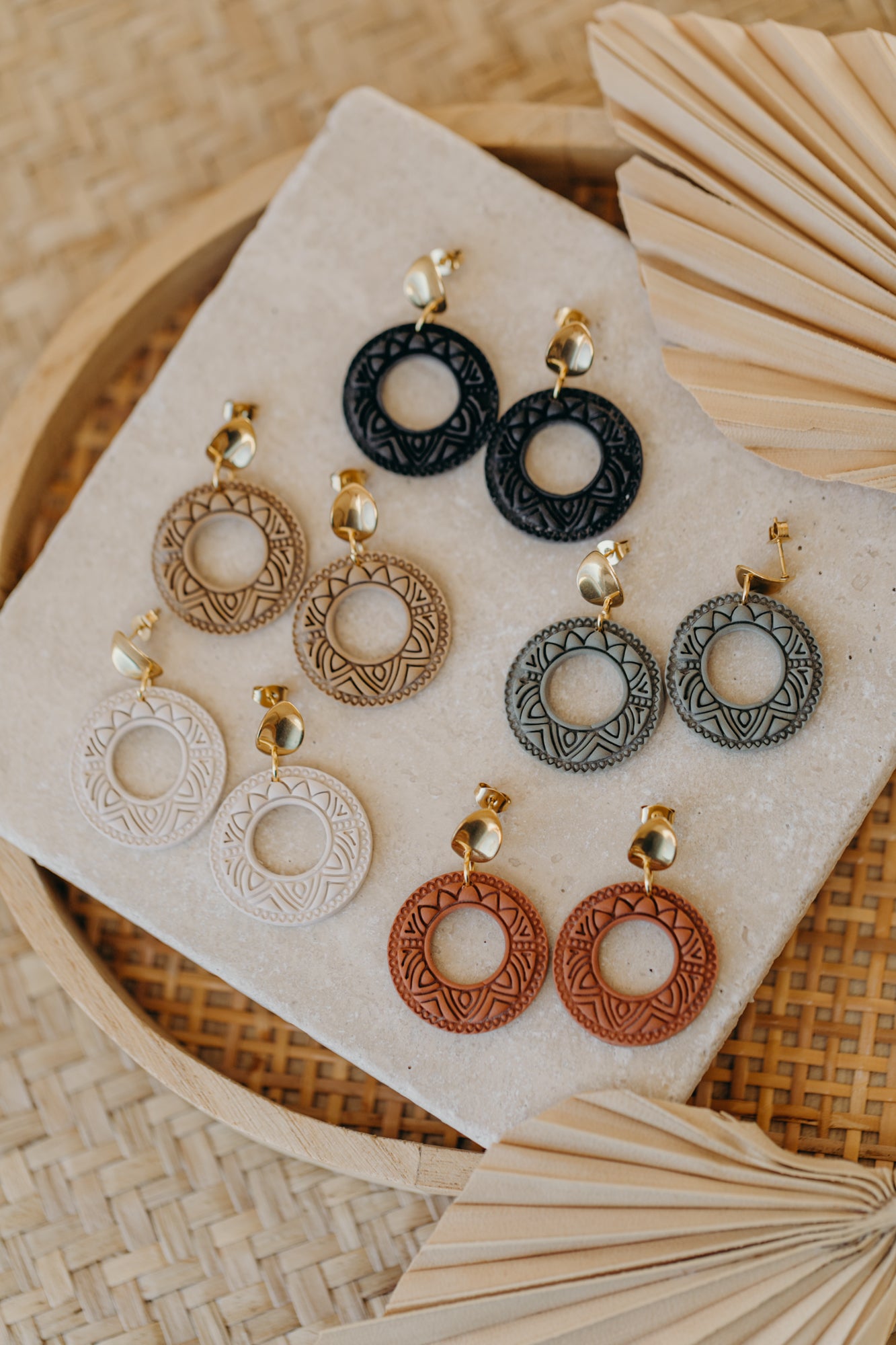 LEA - round patterned sand-colored polymer clay earrings