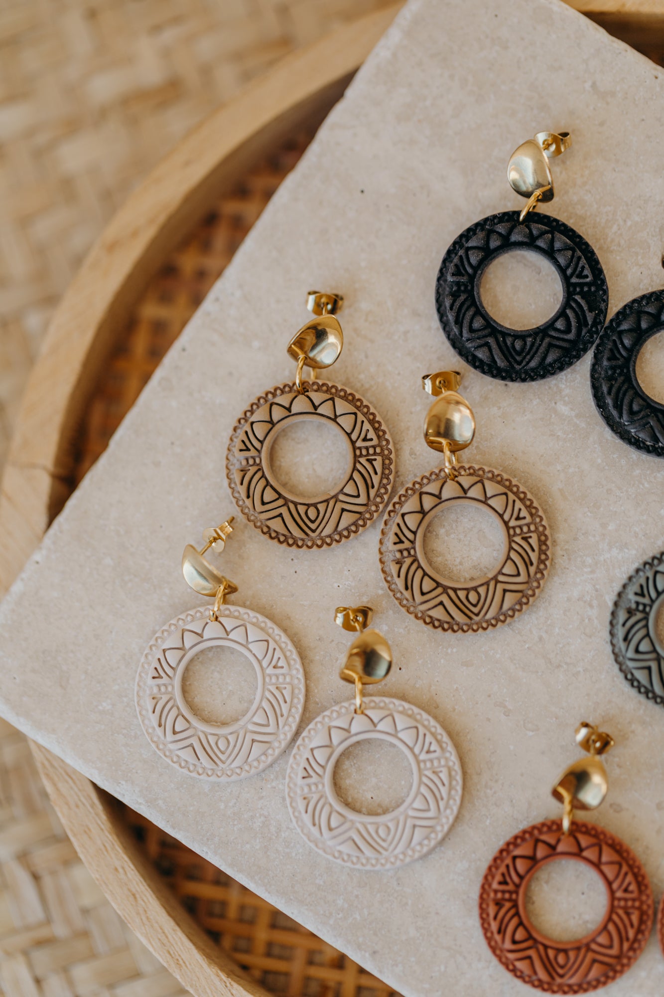 LEA - round patterned sand-colored polymer clay earrings