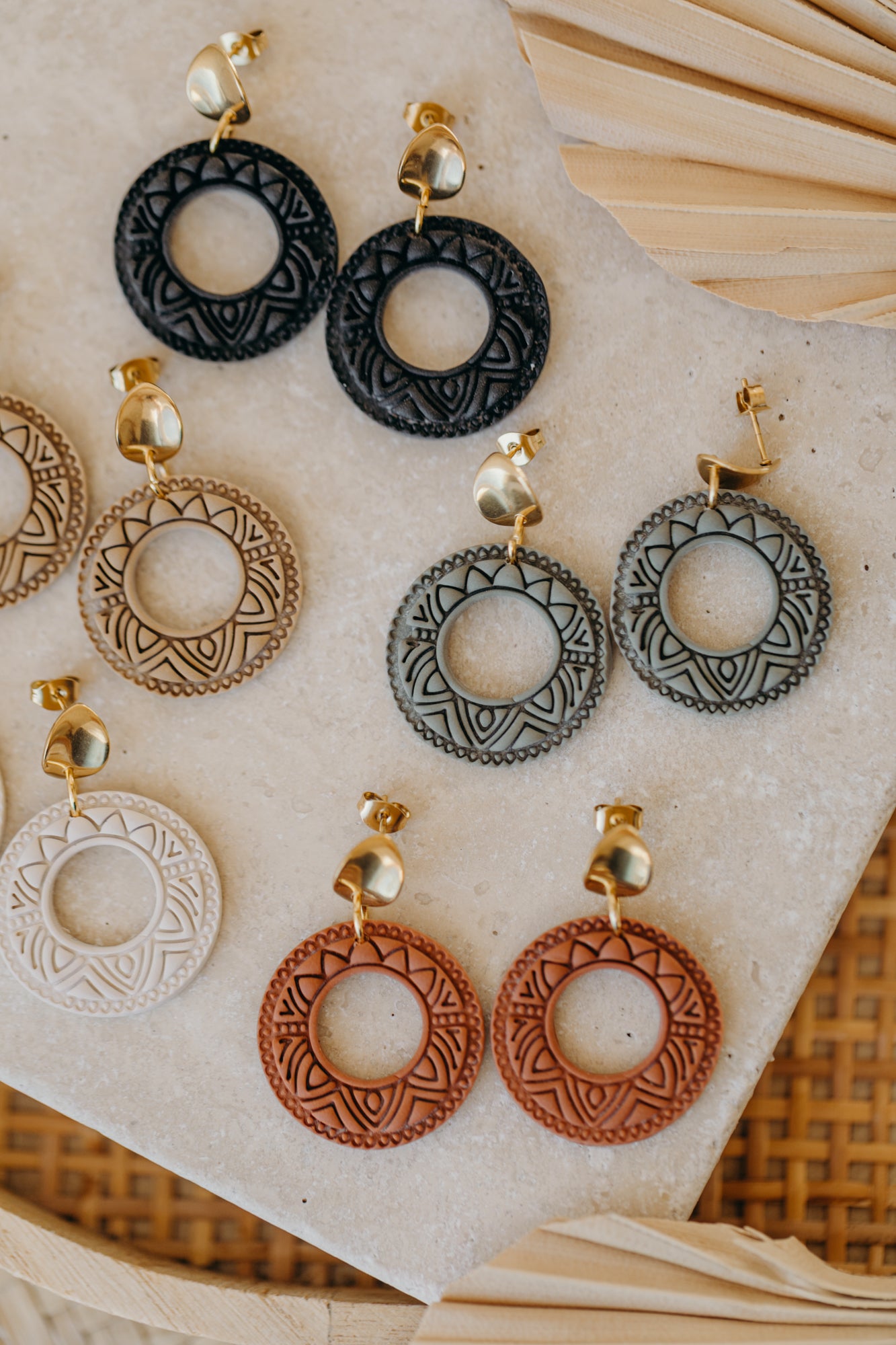 LEA - round patterned cinnamon colored polymer clay earrings