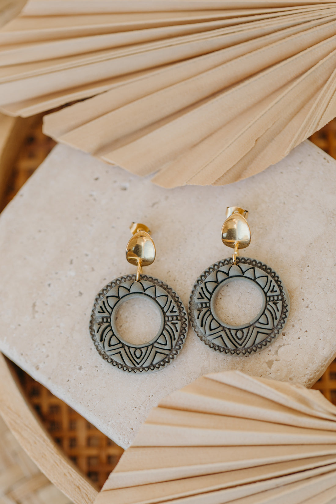 LEA - round patterned green polymer clay earrings