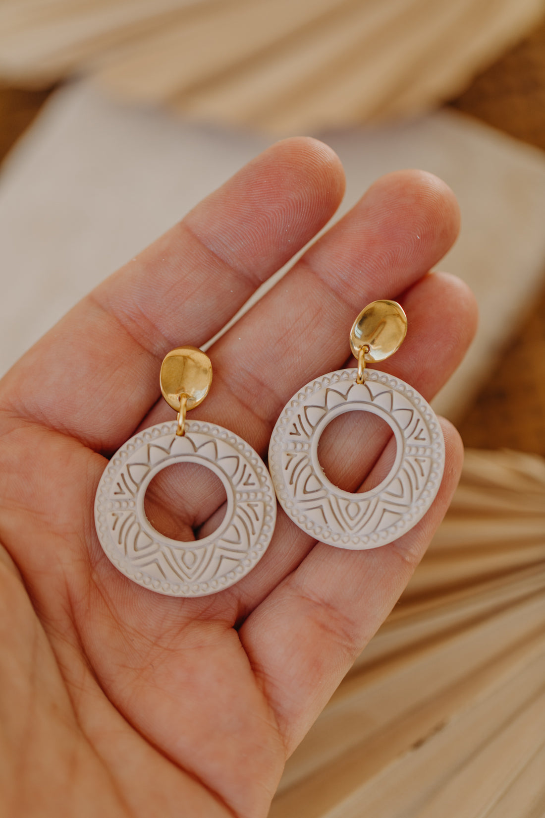 LEA - round patterned vanilla colored polymer clay earrings