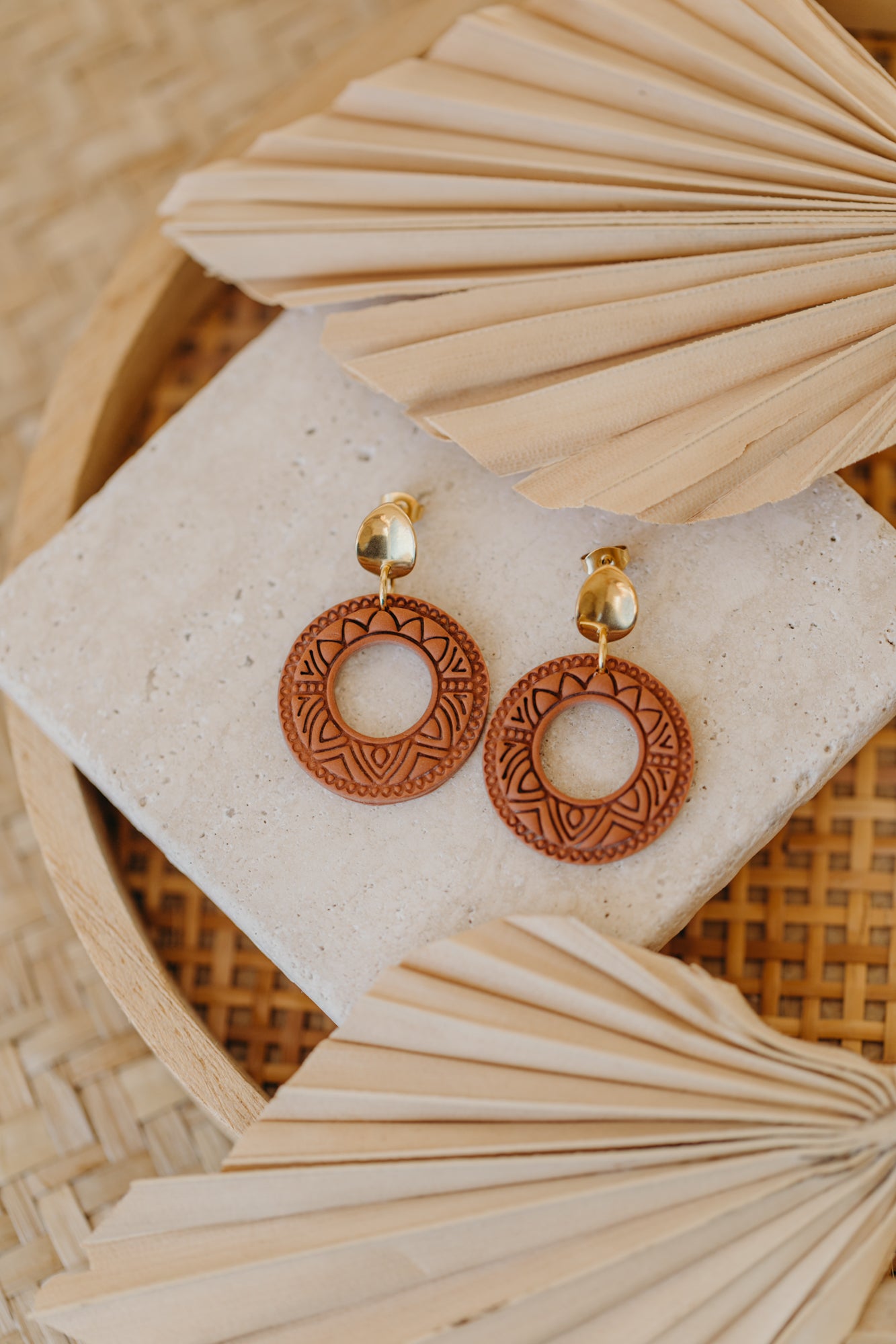 LEA - round patterned cinnamon colored polymer clay earrings