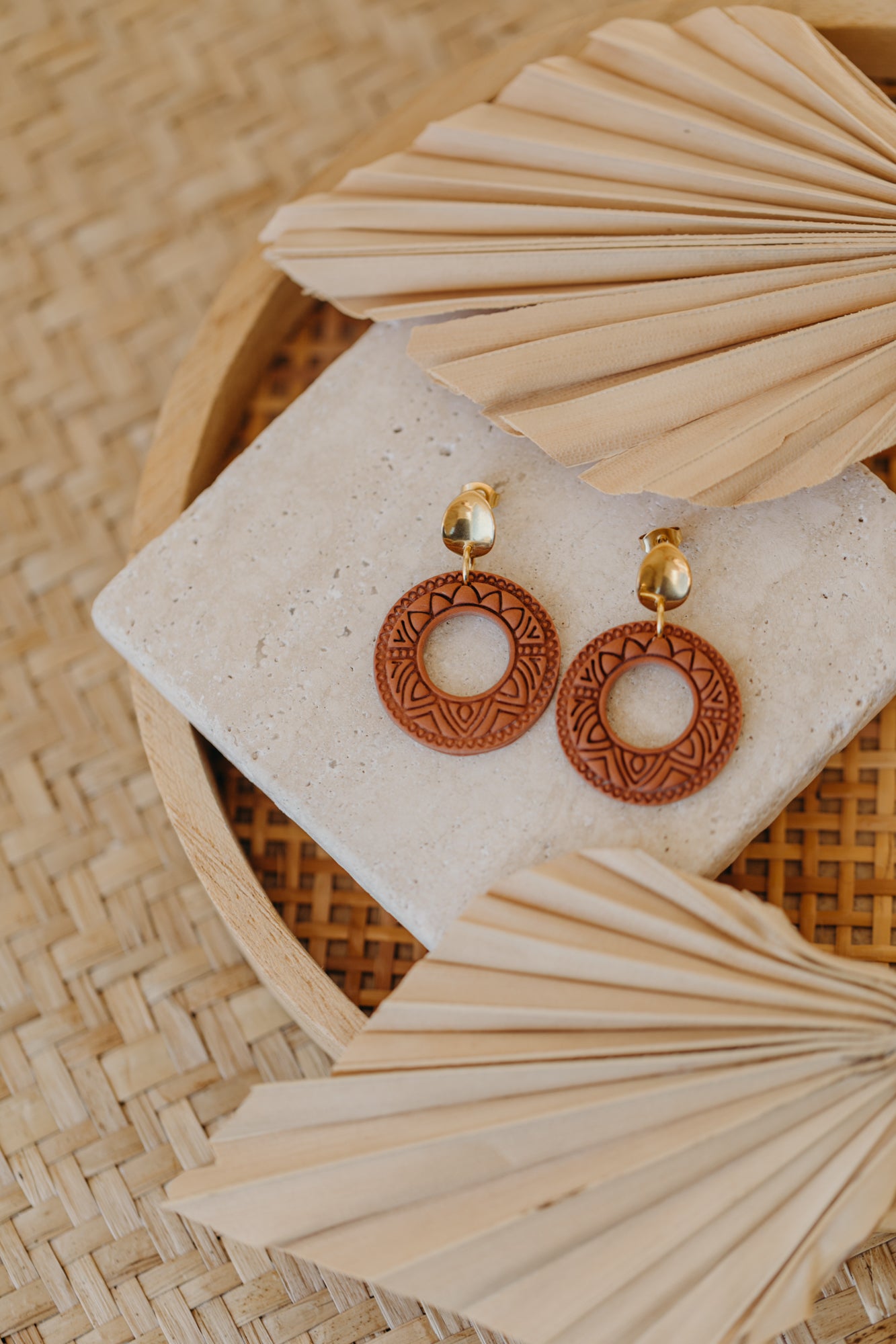 LEA - round patterned cinnamon colored polymer clay earrings