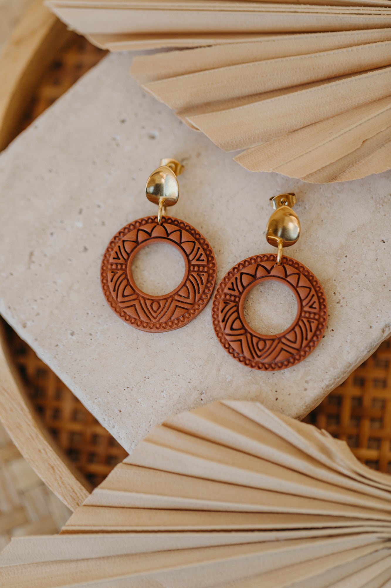 LEA - round patterned cinnamon colored polymer clay earrings