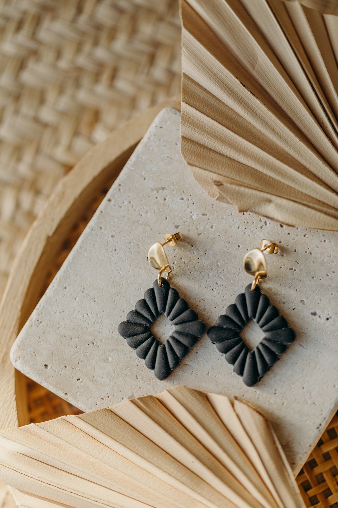 MARIE LOU - black polymer clay diamond earrings