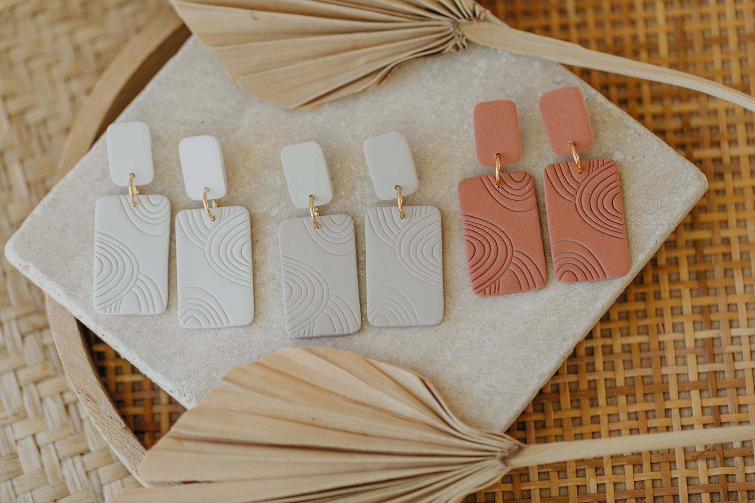 MEG - cream white square earrings with pattern