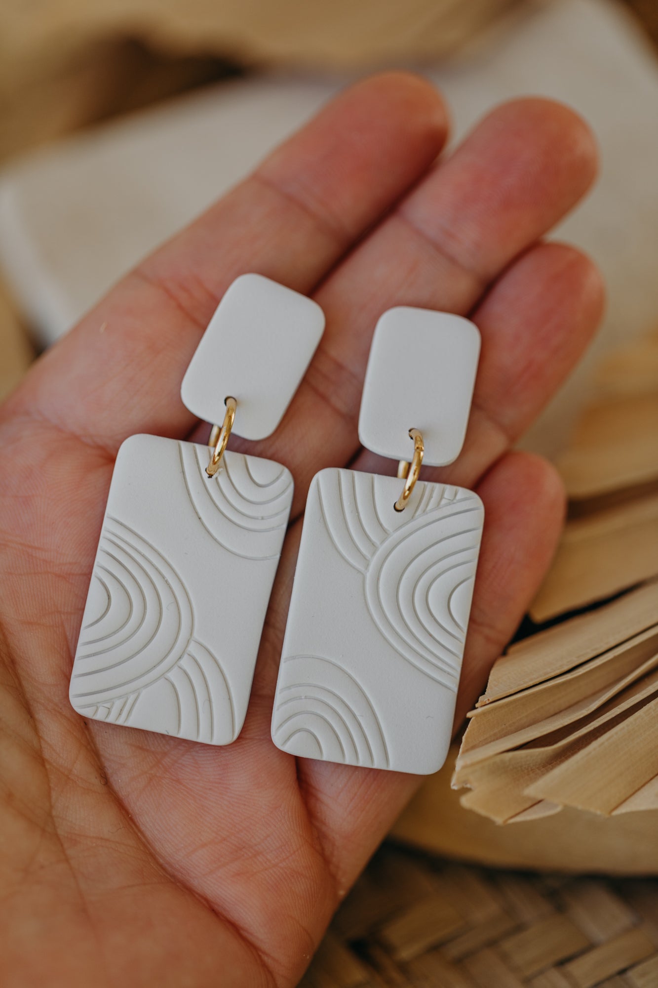 MEG - cream white square earrings with pattern