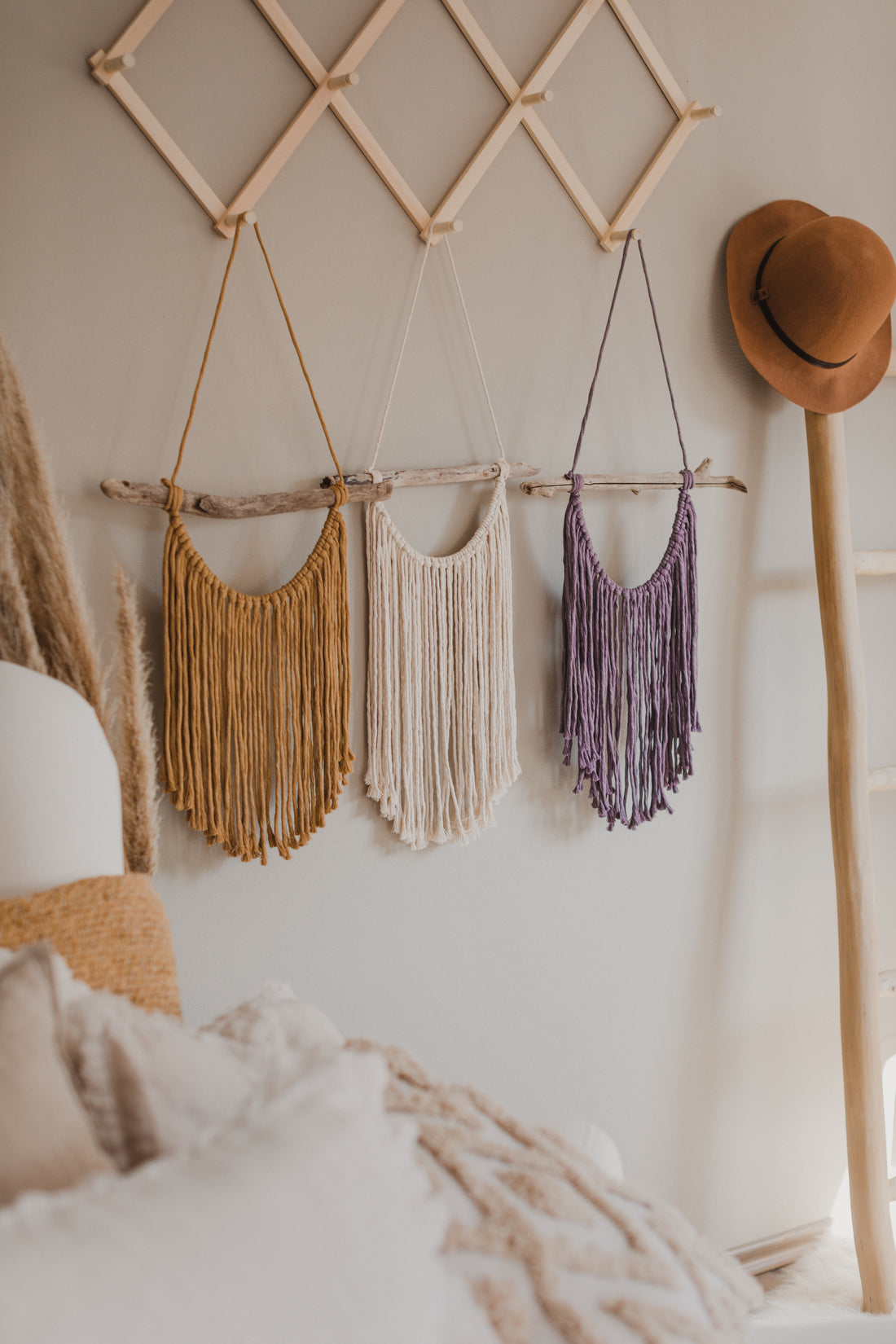 D - Macrame wall hanging natural, yellow, purple
