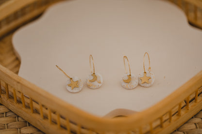 Hoop earrings with round polymer clay pendant and leaf