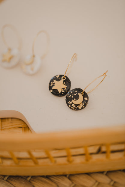 Hoop earrings with round polymer clay pendant and leaf