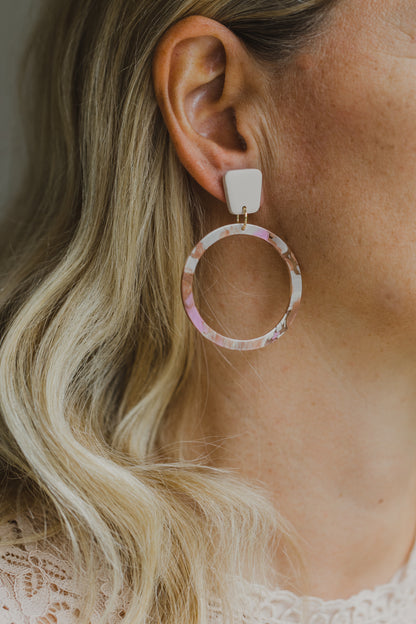 golden earrings with acrylic in white, petrol and brown