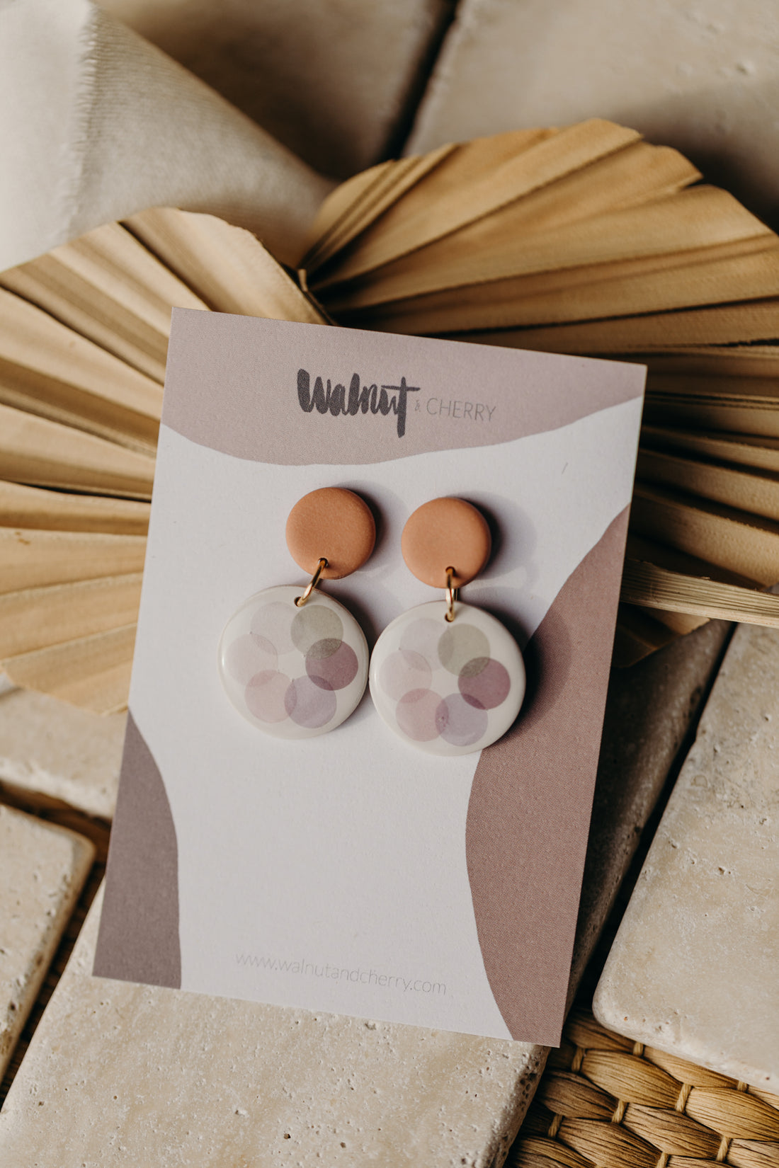 MARLA - round old pink polymer clay earrings with pink and grey dots