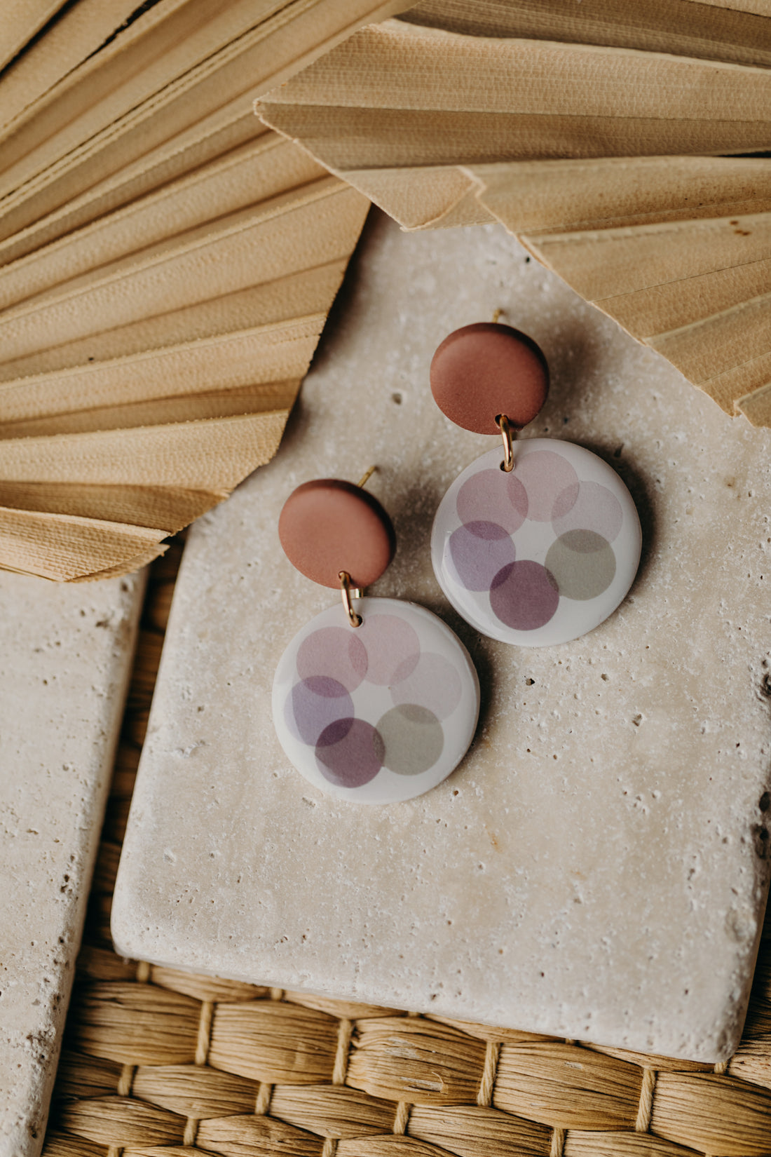 MARLA - round purple polymer clay earrings with pink and grey dots