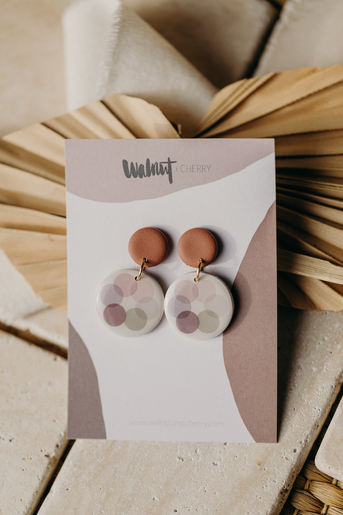 MARLA - round purple polymer clay earrings with pink and grey dots