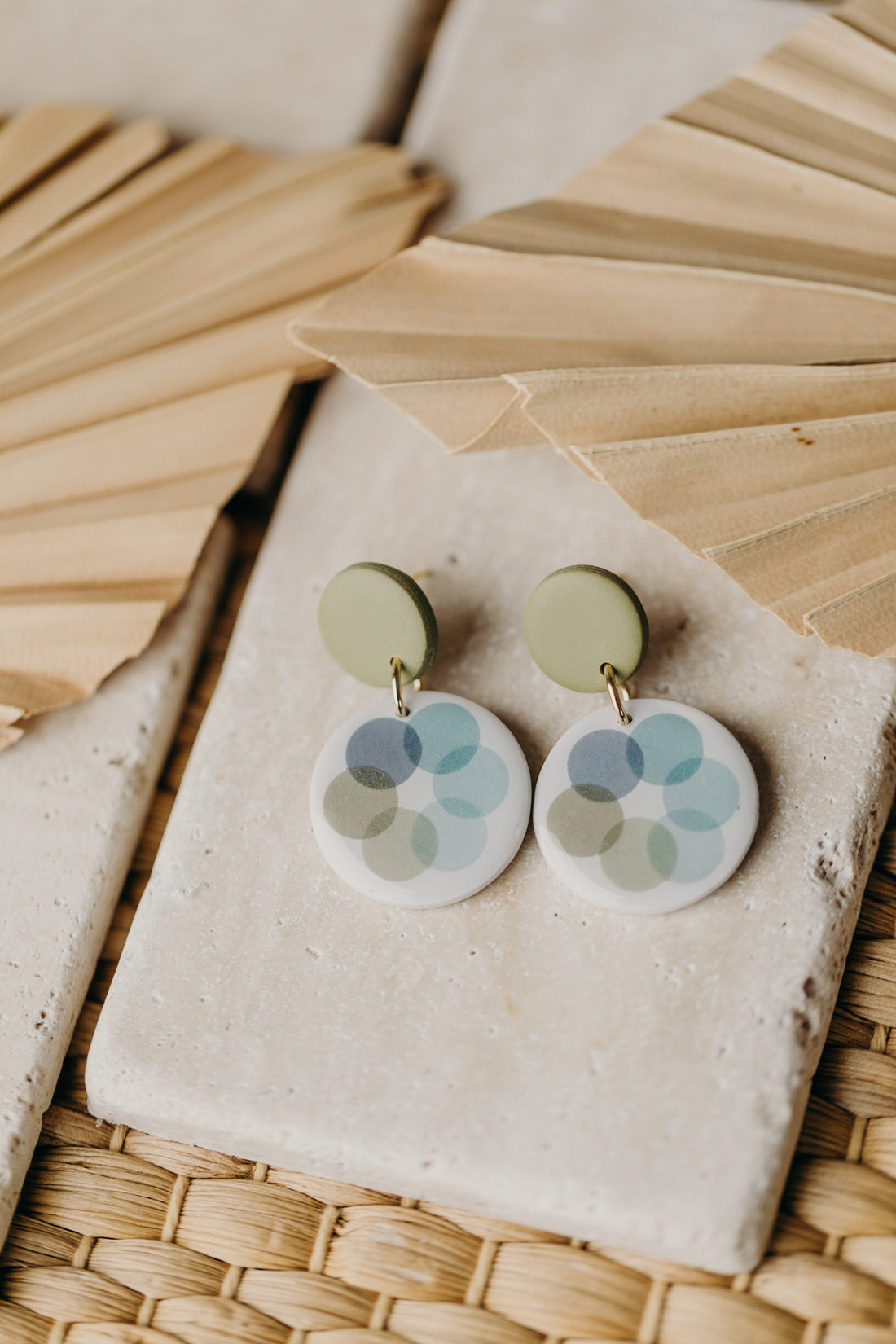 MARLA - round green polymer clay earrings with blue and green dots