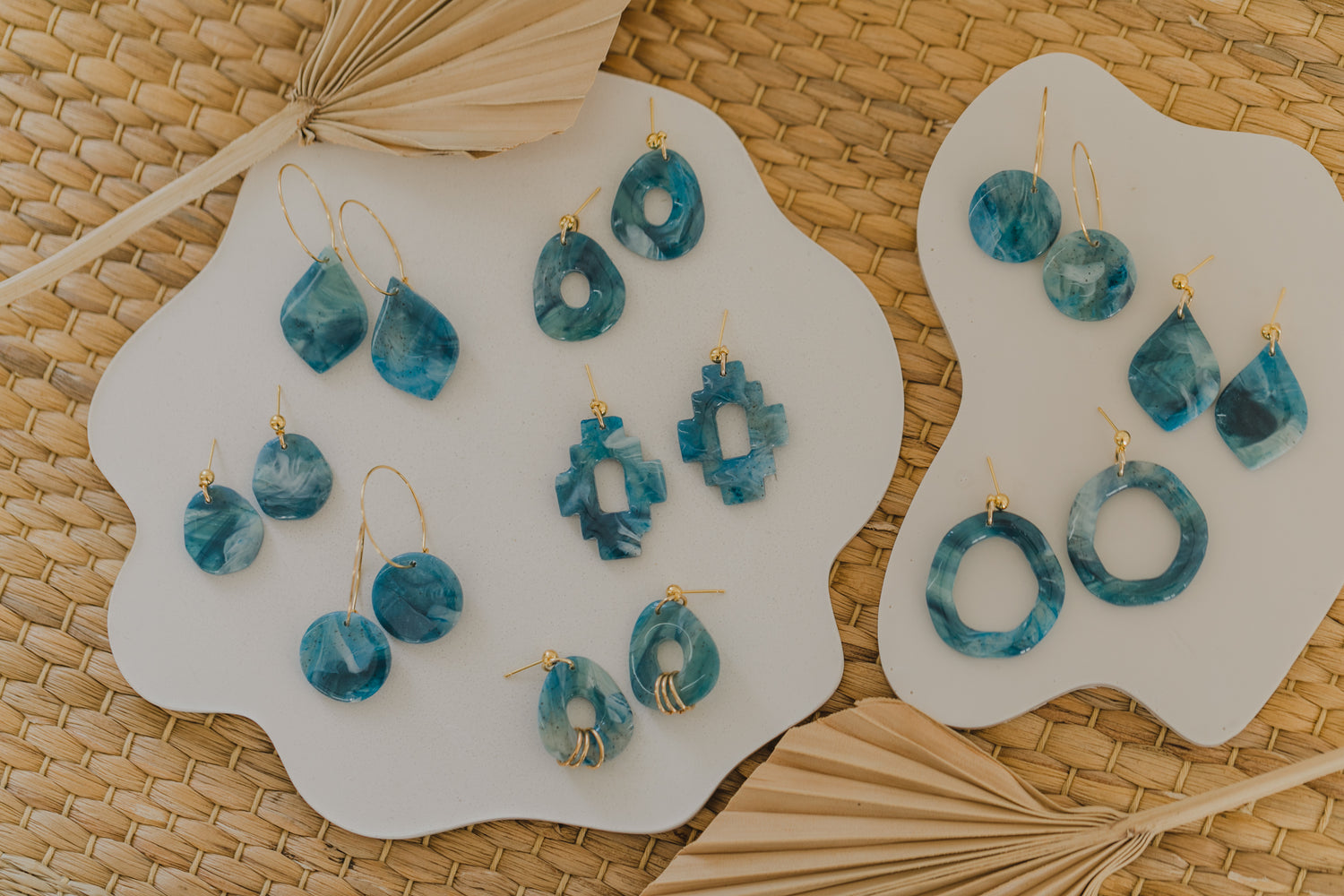 Hoop earrings with round polymer clay pendant and leaf