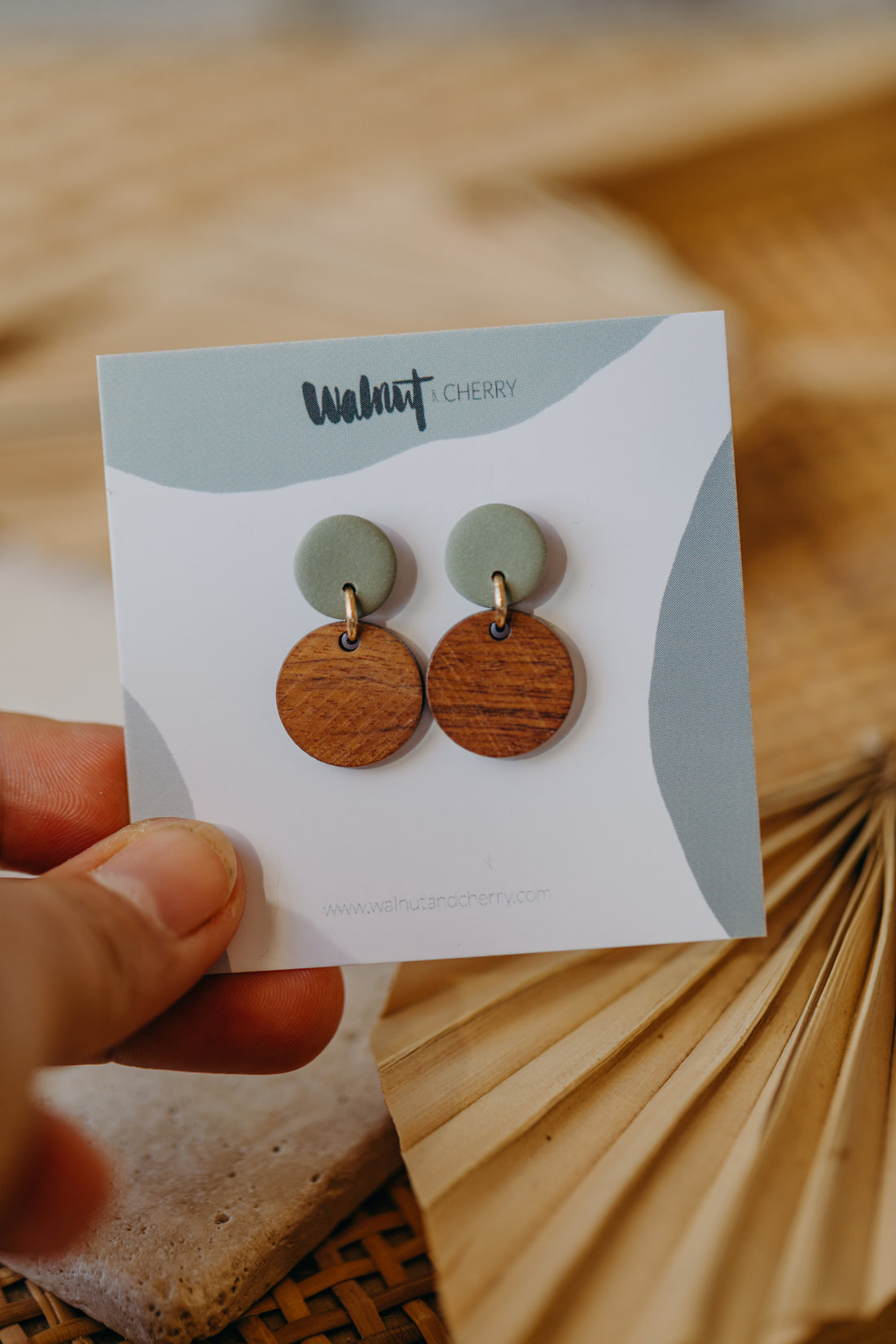 YUMI - round eucalyptus green polymer clay earrings with round wooden pendant