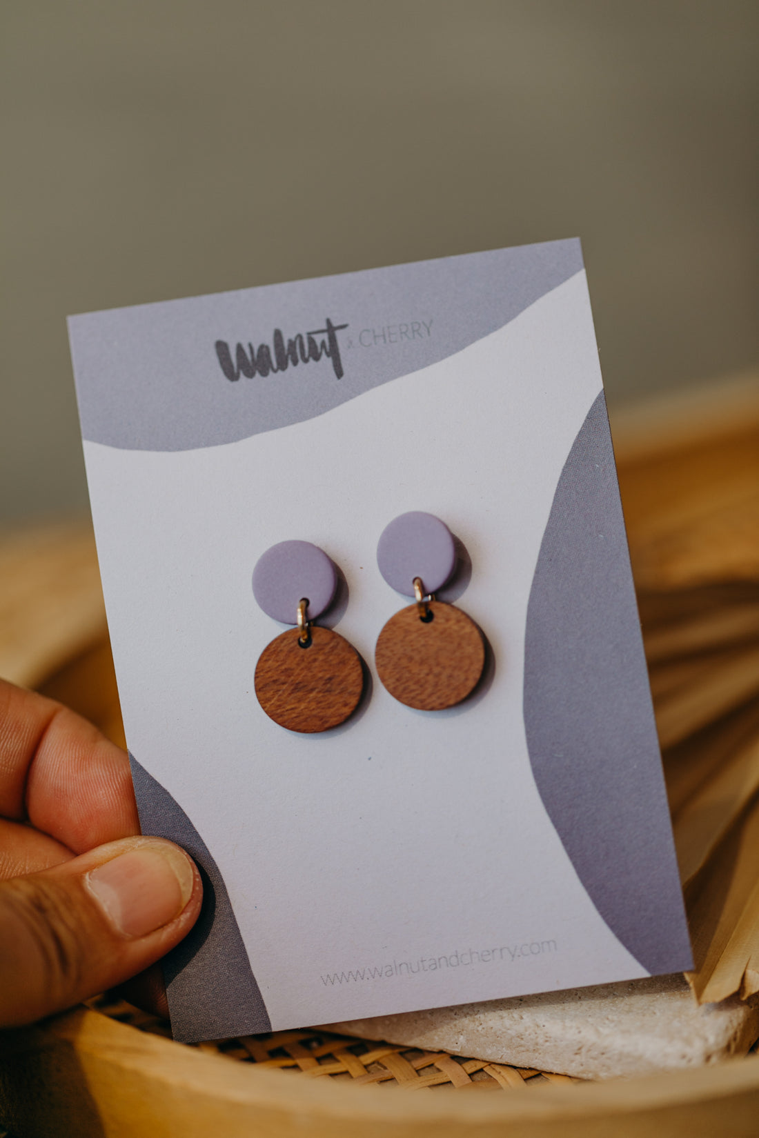 round polymer clay earrings in light purple with round wooden pendant