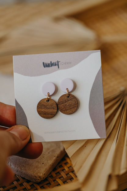 YUMI - round light pink polymer clay earrings with round wooden pendant