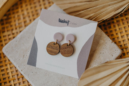 YUMI - round light pink polymer clay earrings with round wooden pendant
