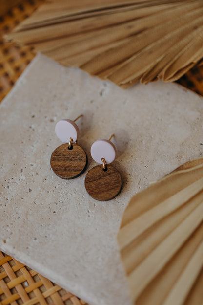 YUMI - round light pink polymer clay earrings with round wooden pendant