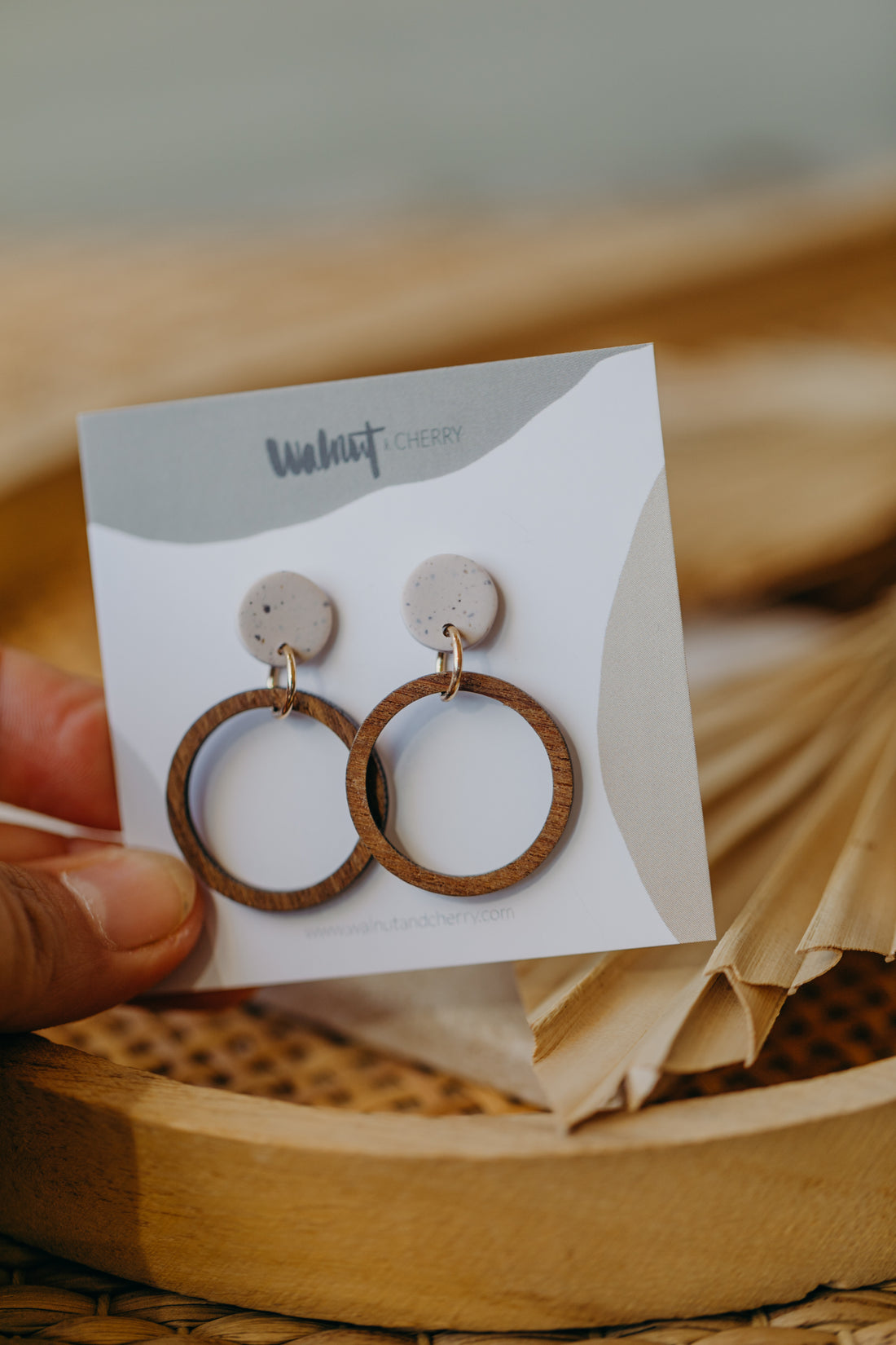 MALIA - round polymer clay earrings in lime with wooden pendant circle