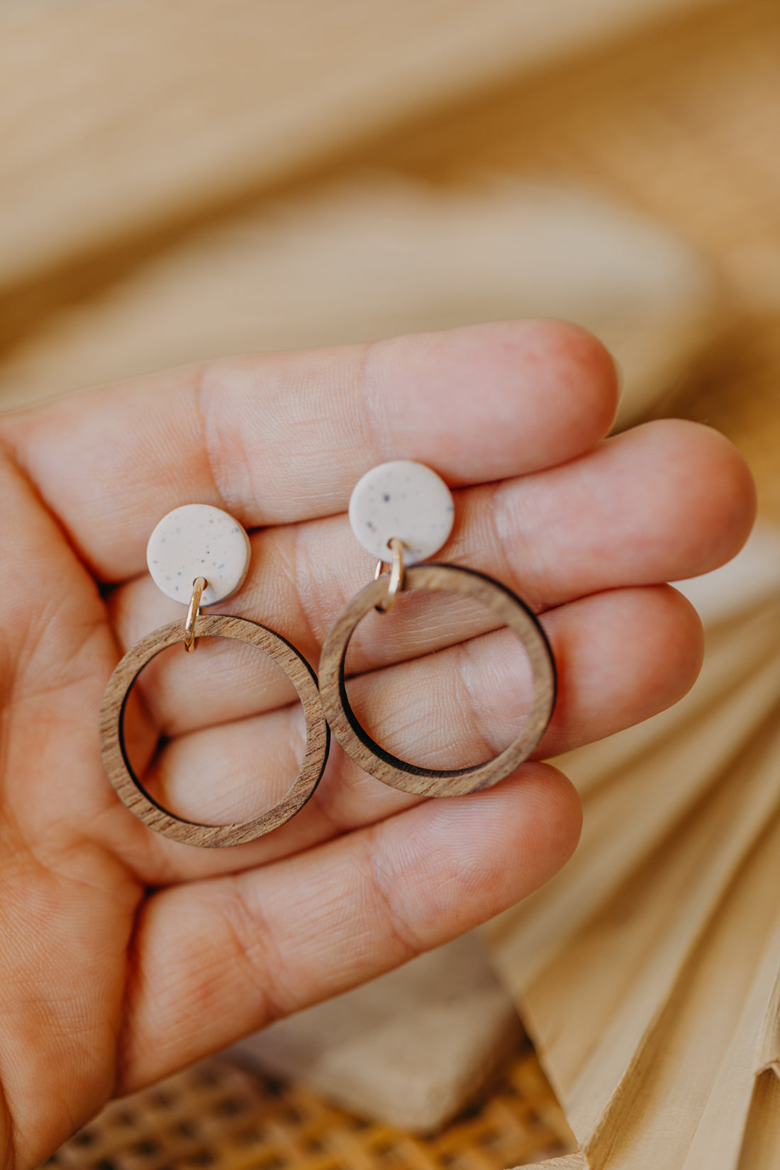MALIA - round polymer clay earrings in lime with wooden pendant circle