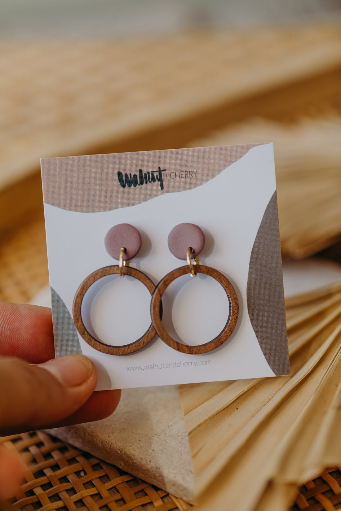 MALIA - round polymer clay earrings in mauve with wooden pendant circle