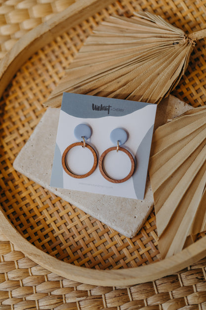 MALIA - round polymer clay earrings in pastel blue with wooden pendant circle