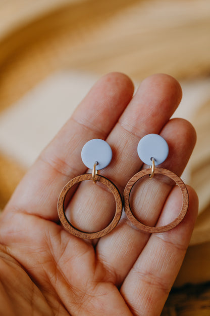 MALIA - round polymer clay earrings in pastel blue with wooden pendant circle