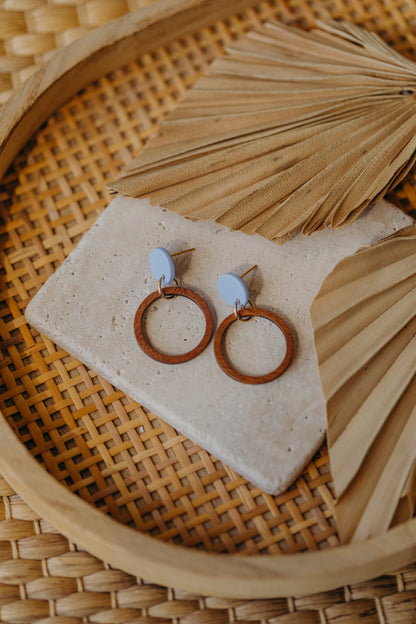 MALIA - round polymer clay earrings in pastel blue with wooden pendant circle