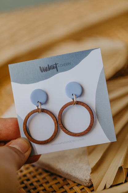 MALIA - round polymer clay earrings in pastel blue with wooden pendant circle