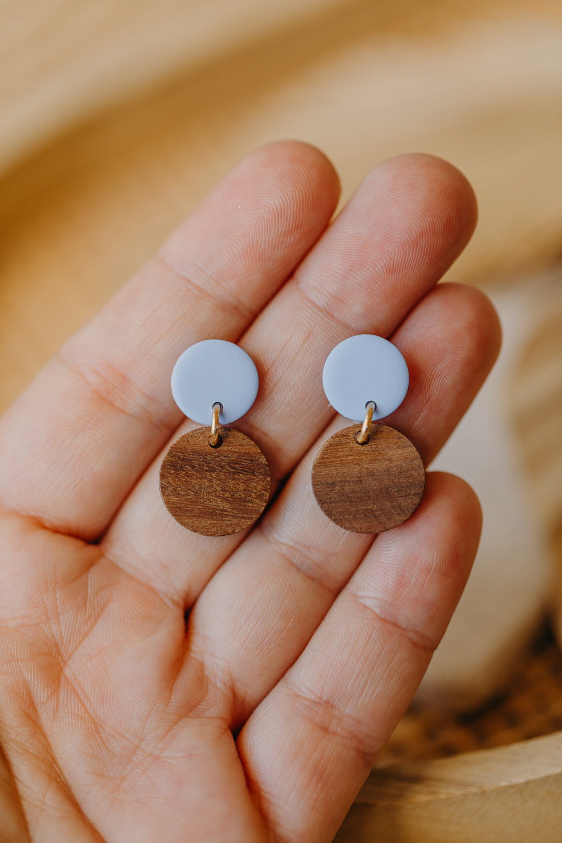 YUMI - round pastel blue polymer clay earrings with round wooden pendant