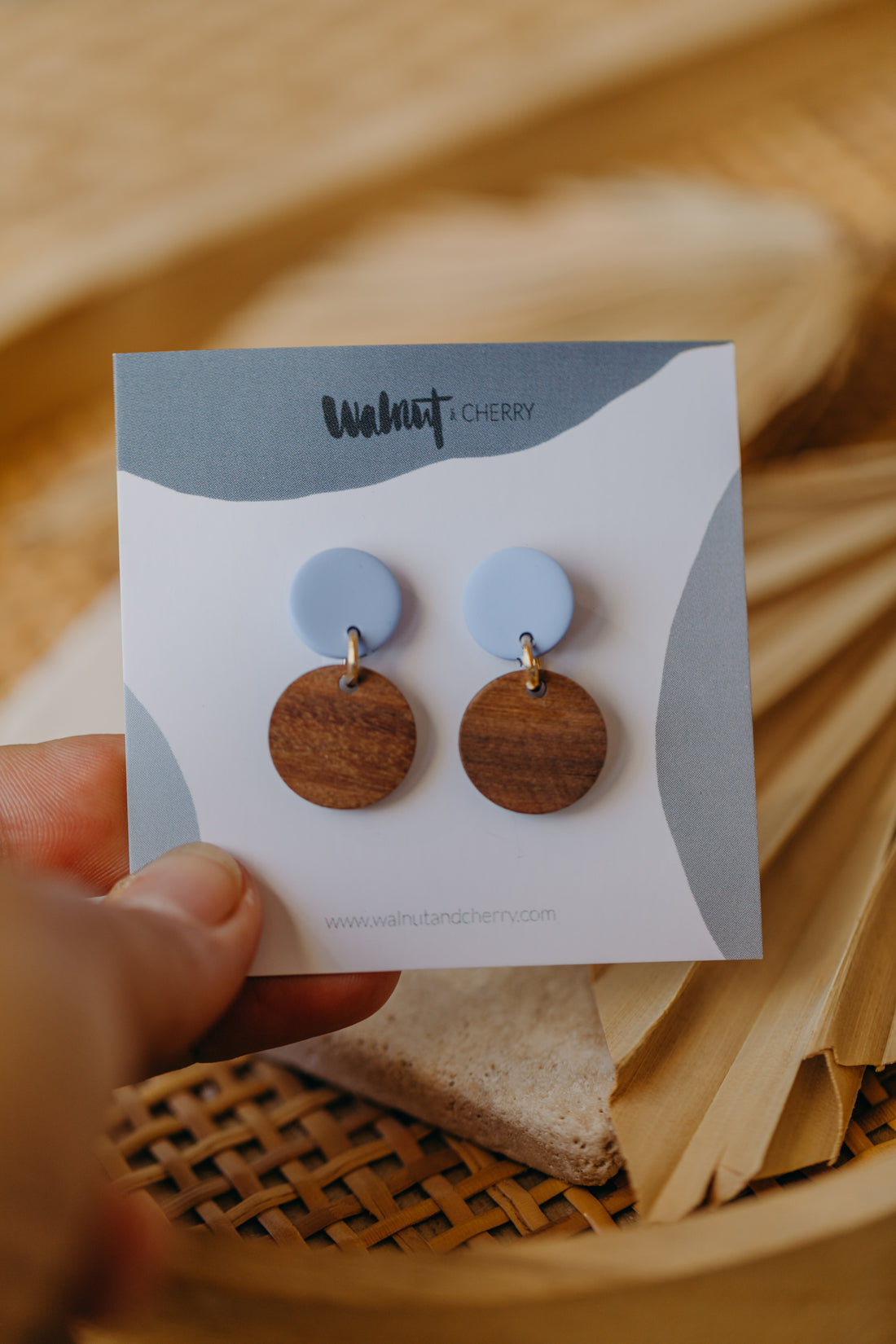 YUMI - round pastel blue polymer clay earrings with round wooden pendant