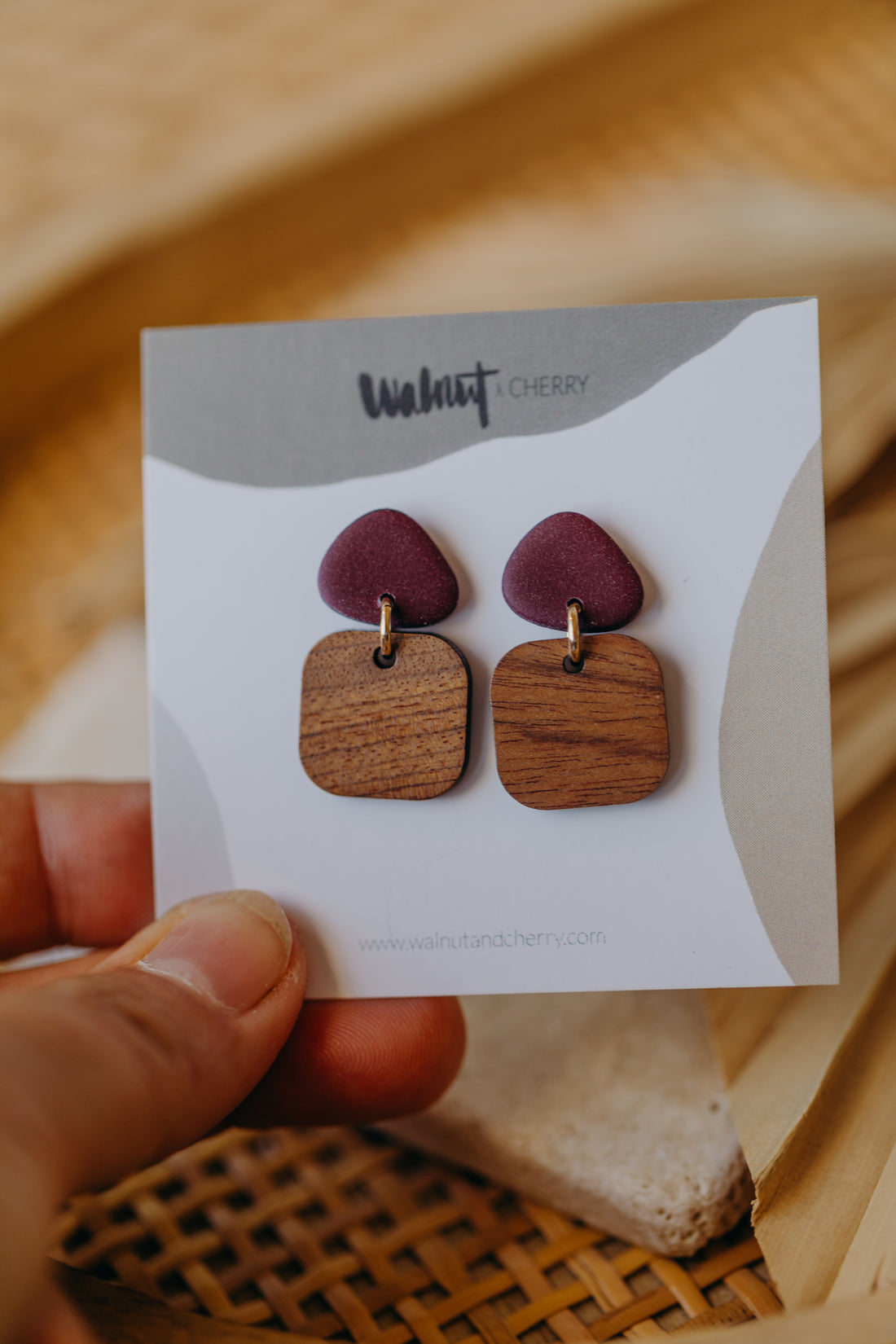 CARLA - triangular polymer clay earrings in plum with rectangular wooden pendant