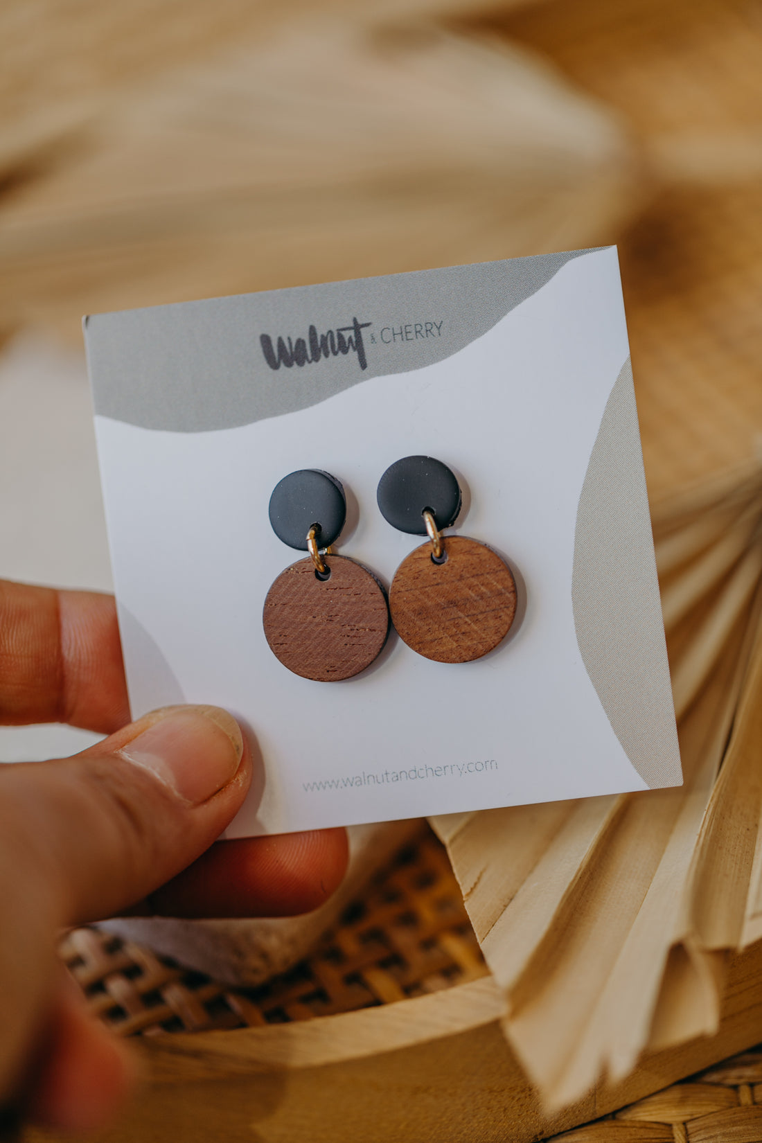 YUMI - round black polymer clay earrings with round wooden pendant