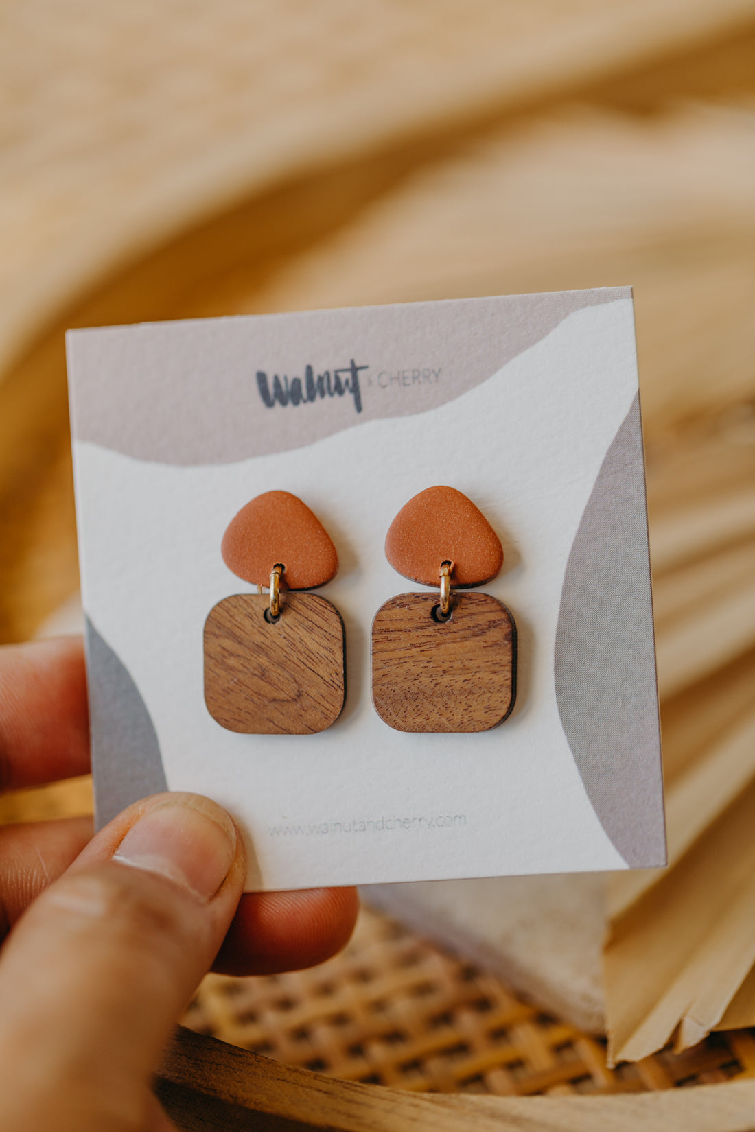 CARLA - triangular polymer clay earrings in cinnamon with rectangular wooden pendant