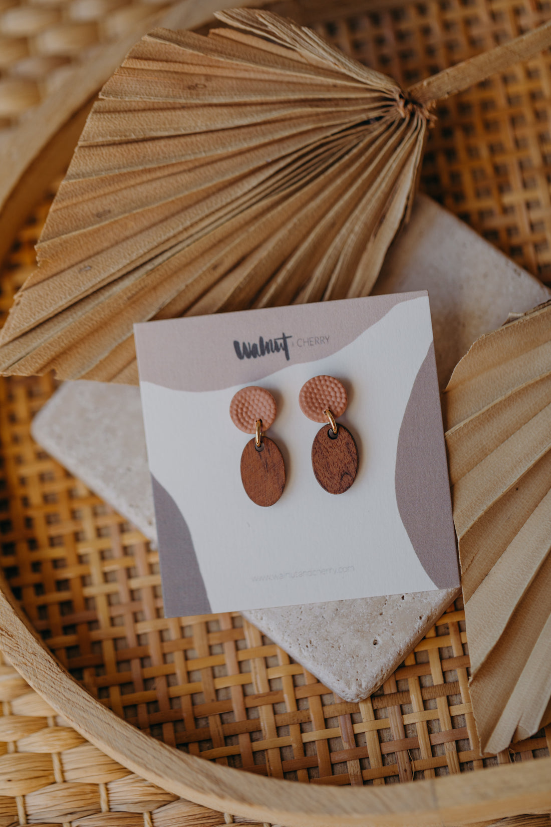 JILL - round polymer clay earrings in tangerine with oval wooden pendant