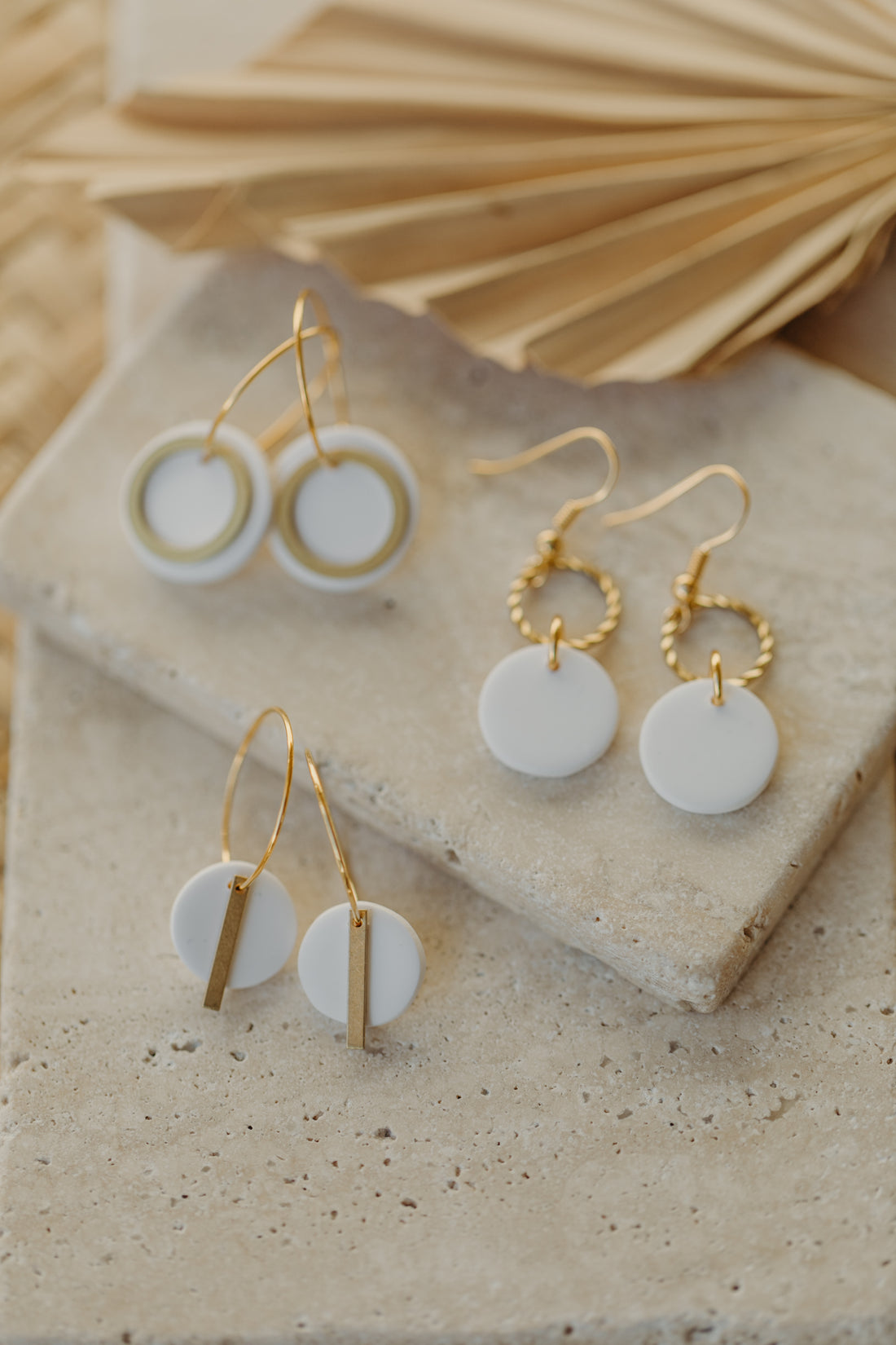 Hoop earrings with round polymer clay pendant and leaf