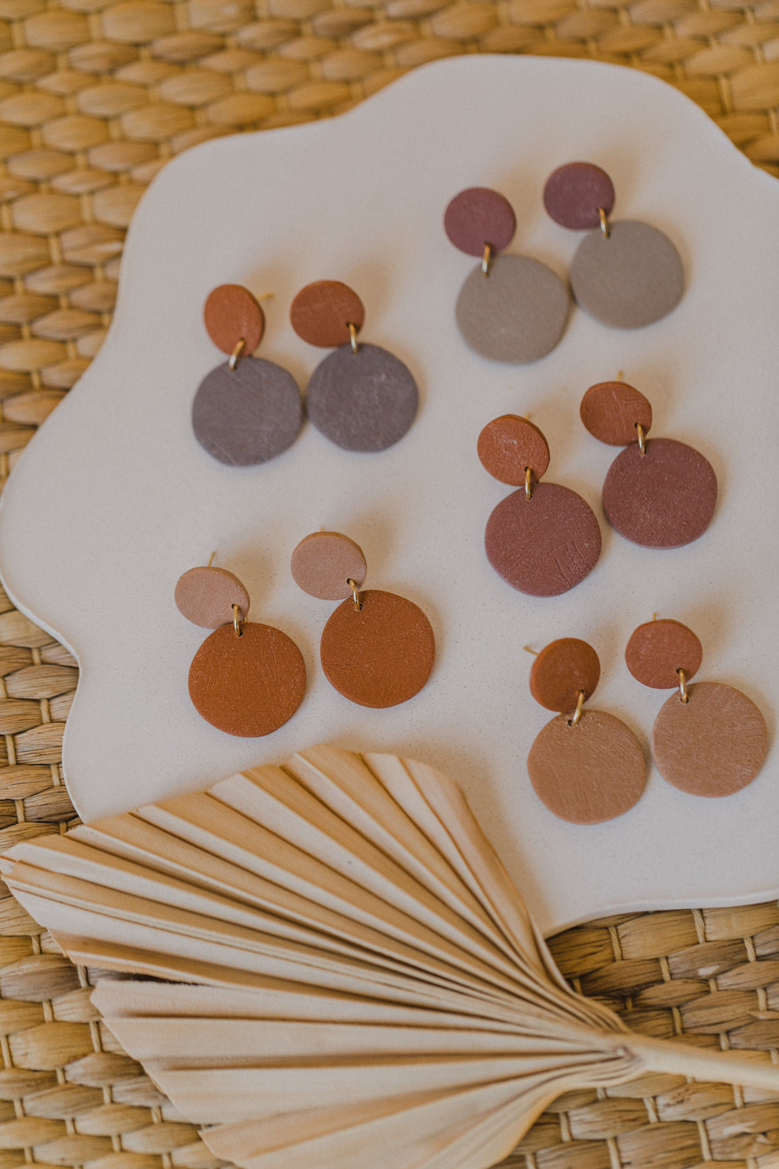 round earrings made of polymer clay in autumn colors