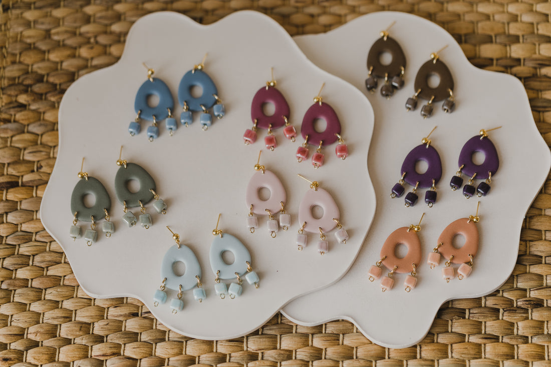 three-colored polymer clay earrings in ceramic look